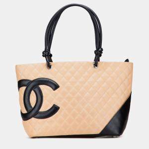 Pre Owned Chanel Brown Large Quilted Lambskin Cambon Ligne Tote