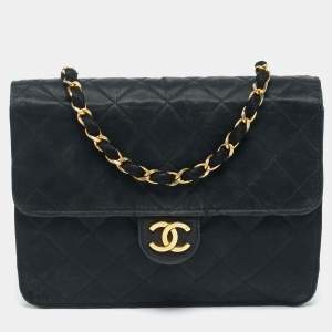Chanel Black Quilted Satin Vintage Flap Bag