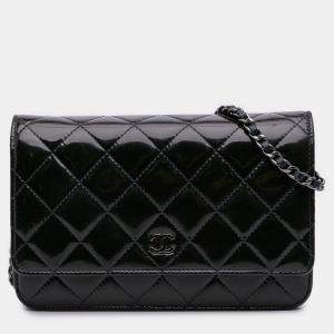 Pre Owned Chanel Black Blue CC Quilted Patent Wallet On Chain