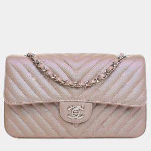 Pre Owned Chanel Pink Medium Classic Chevron Iridescent Caviar Double Flap