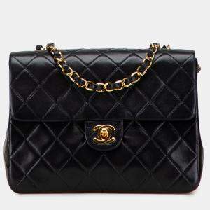 Pre Owned Chanel Black Small Square Quilted Lambskin Flap