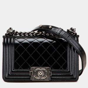 Pre Owned Chanel Black Small Quilted Patent Boy Flap