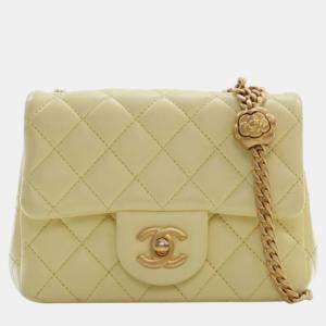 Pre Owned Chanel Yellow Mini Square Lambskin Sweet Camellia Flap