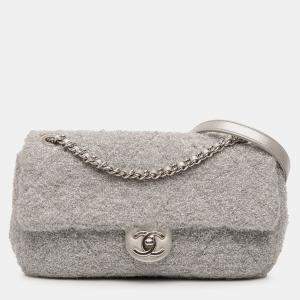 Pre Owned Chanel Silver Medium Quilted Lurex Ground Control Pluto Glitter Flap