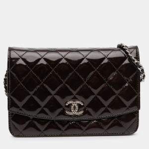 Pre Owned Chanel Black Quilted Patent Brilliant Wallet On Chain