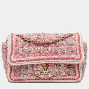 Pre Owned Chanel Pink Mini Rectangular Classic Tweed Braid Flap