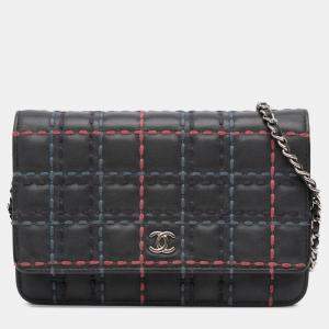 Pre Owned Chanel Blue CC Square Stitched Calfskin Wallet on Chain