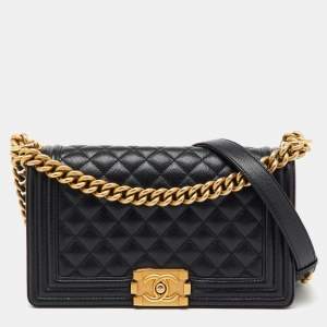 Pre Owned Chanel Black Quilted Caviar Leather Medium Boy Flap Bag