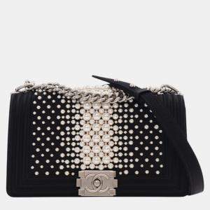 Pre Owned Chanel Old Medium Satin Pearl Embellished Boy Flap