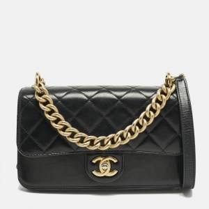 Pre Owned Chanel Black Quilted Leather Small Straight Line Flap Bag