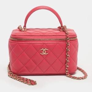 Pre Owned Chanel Pink Quilted Leather Small Vanity Case With Chain
