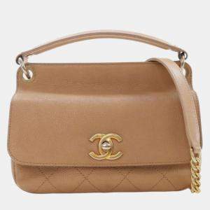 Pre Owned Chanel Brown Small Stitched Caviar CC Lock Top Handle Flap