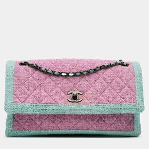 Pre Owned Chanel Green Pink CC Quilted Bicolor Tweed Flap
