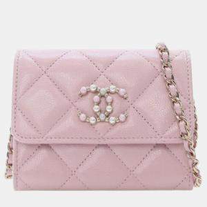 Pre Owned Chanel Pink Quilted Caviar Coco Candy Card Holder on Chain