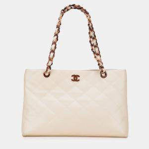 Pre Owned Chanel Cream CC Quilted Caviar Bekko Chain Tote