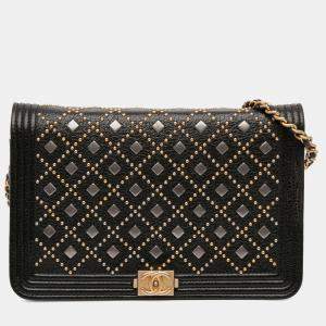 Pre Owned Chanel Black Studded Grained Calfskin Boy Wallet On Chain