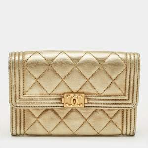 Pre Owned Chanel Gold Quilted Leather Boy Flap Wallet