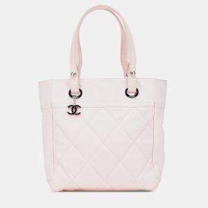 Pre Owned Chanel Pink Small Quilted Canvas Paris Biarritz Tote