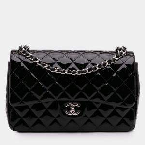 Pre Owned Chanel Black Jumbo Classic Patent Double Flap