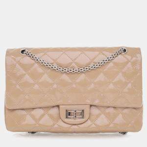Pre Owned Chanel Beige Brown Reissue 2.55 Quilted Patent Double Flap 227