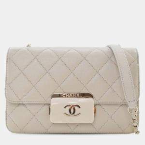 Pre Owned Chanel Cream Mini Sheepskin Beauty Lock Flap