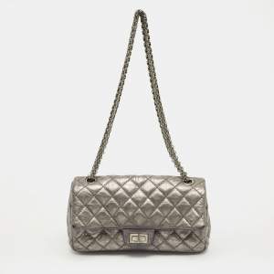 Pre Owned Chanel Metallic Grey Quilted Leather Triple Compartment Reissue Flap Bag
