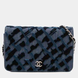 Pre Owned Chanel Blue Denim and Velvet Wallet On Chain