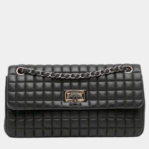 Pre Owned Chanel Black Chocolate Bar Iridescent Calfskin Bubble Flap