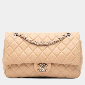 Pre Owned Chanel Beige Medium Classic Lambskin Double Flap
