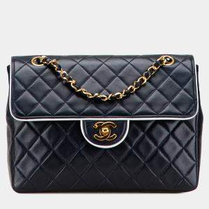 Pre Owned Chanel Navy Blue CC Bicolor Quilted Lambskin Piping Single Flap