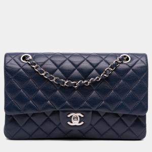 Pre Owned Chanel Navy Blue Medium Classic Caviar Double Flap
