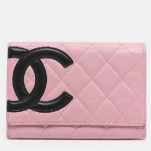 Pre Owned Chanel Pink Quilted Leather Cambon Ligne Wallet