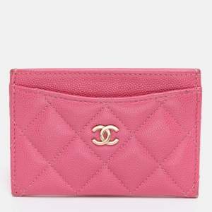 Pre Owned Chanel Pink Quilted Caviar Leather Classic Card Holder