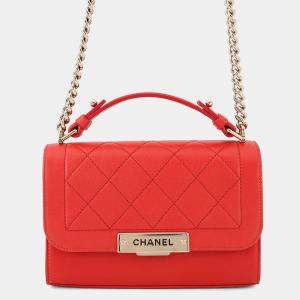 Pre Owned Chanel Clic Label 2-Way Bag Red Leather