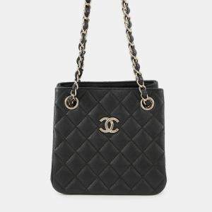 Pre Owned Chanel Matelasse Chain Bucket Shoulder Bag Black Caviar Leather Size Mini