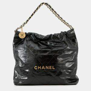 Pre Owned Chanel Chanel22 Black Shiny Calf Leather Medium Handbag 