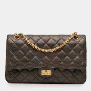 Pre Owned Chanel Grey Reissue 2.55 Quilted Metallic Lambskin Double Flap 226