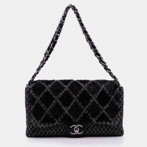 Pre Owned Chanel Black Large Tweed and Sequin Icons 3 Accordion Flap