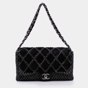 Pre Owned Chanel Black Large Tweed and Sequin Icons 3 Accordion Flap