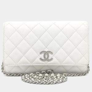 Pre Owned Chanel White Leather Caviar WOC Crossbody Bag