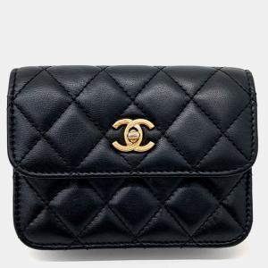 Pre Owned Chanel Black Leather Golden Ball Chain Card Holder