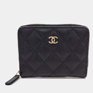 Pre Owned Chanel Black Leather Caviar Medium Wallet