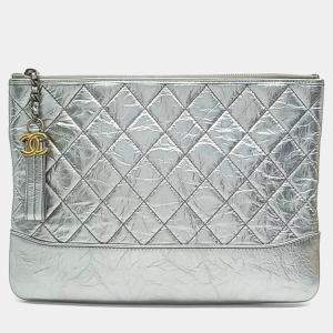Pre Owned Chanel Silver Leather Gabrielle Clutch New Medium