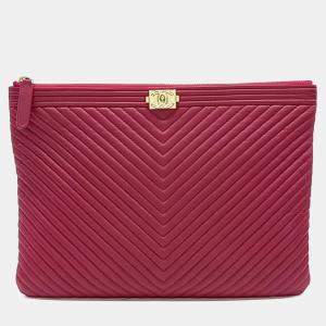 Pre Owned Chanel Pink Leather Caviar Chevron Boy Clutch New Medium