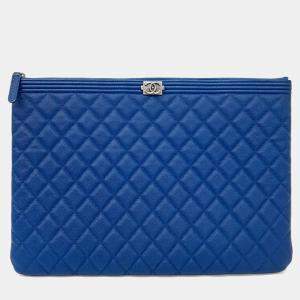 Pre Owned Chanel Blue Leather Caviar Boy Clutch Large