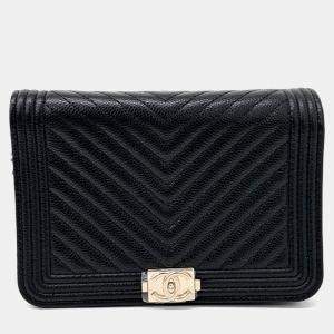 Pre Owned Chanel Black Leather Caviar Chevron Boy WOC Mini Crossbody Bag