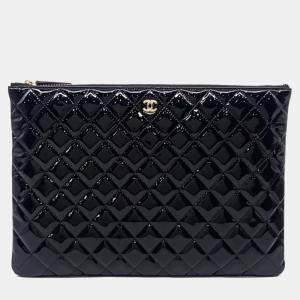 Pre Owned Chanel Black Patent Leather Patent  Large Clutch