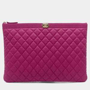 Pre Owned Chanel Pink Leather Boy Caviar Clutch Large