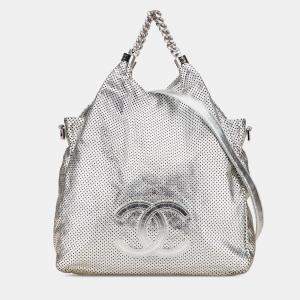 Pre Owned Chanel Silver Medium Metallic Glazed Calfskin Perforated Rodeo Drive Satchel