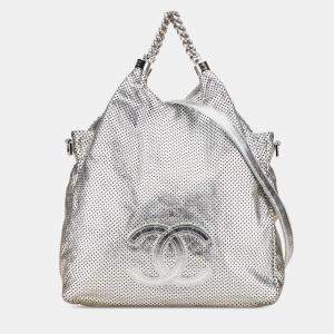 Pre Owned Chanel Silver Medium Metallic Glazed Calfskin Perforated Rodeo Drive Satchel